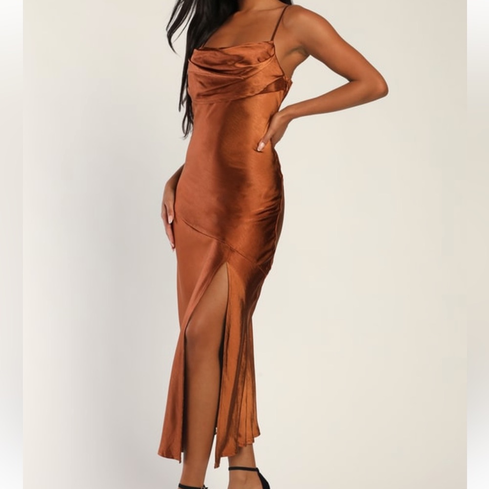 Lulus Radiant Aura Bronze Satin Maxi Dress